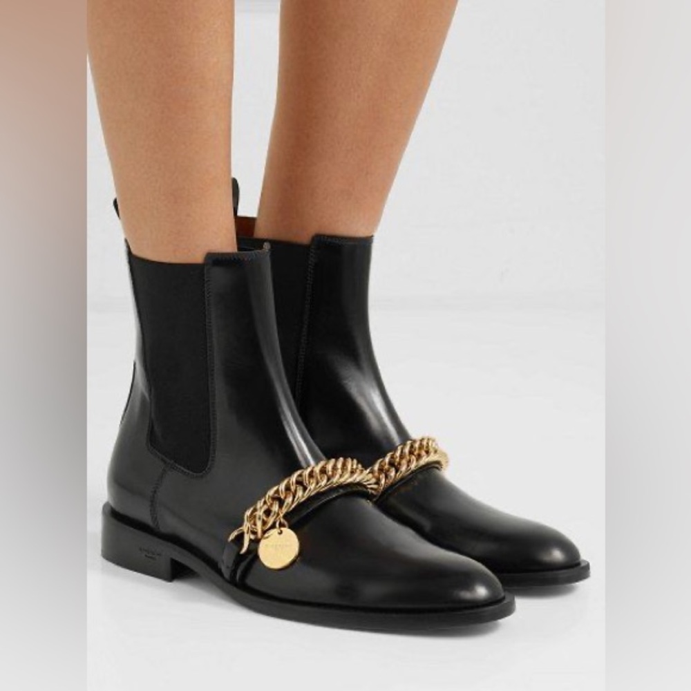 Givenchy Black Leather Ankle Chelsea Boots with Gold Chain